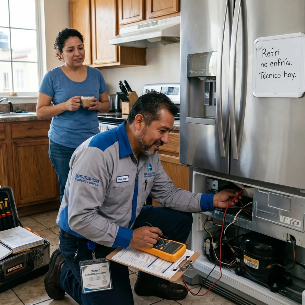 Técnico de refrigeradores realizando un diagnóstico a domicilio en la CDMX