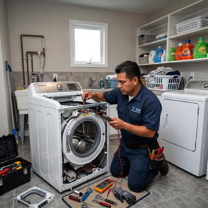 Técnico de Servilatec realizando mantenimiento de lavadora Whirlpool a domicilio